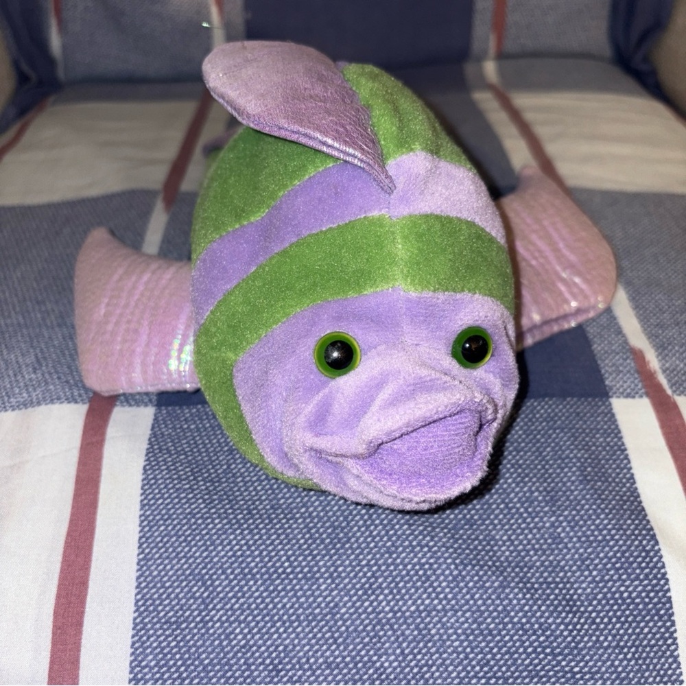 Vibrant Plush Fish Toy - Green and Purple hand puppet